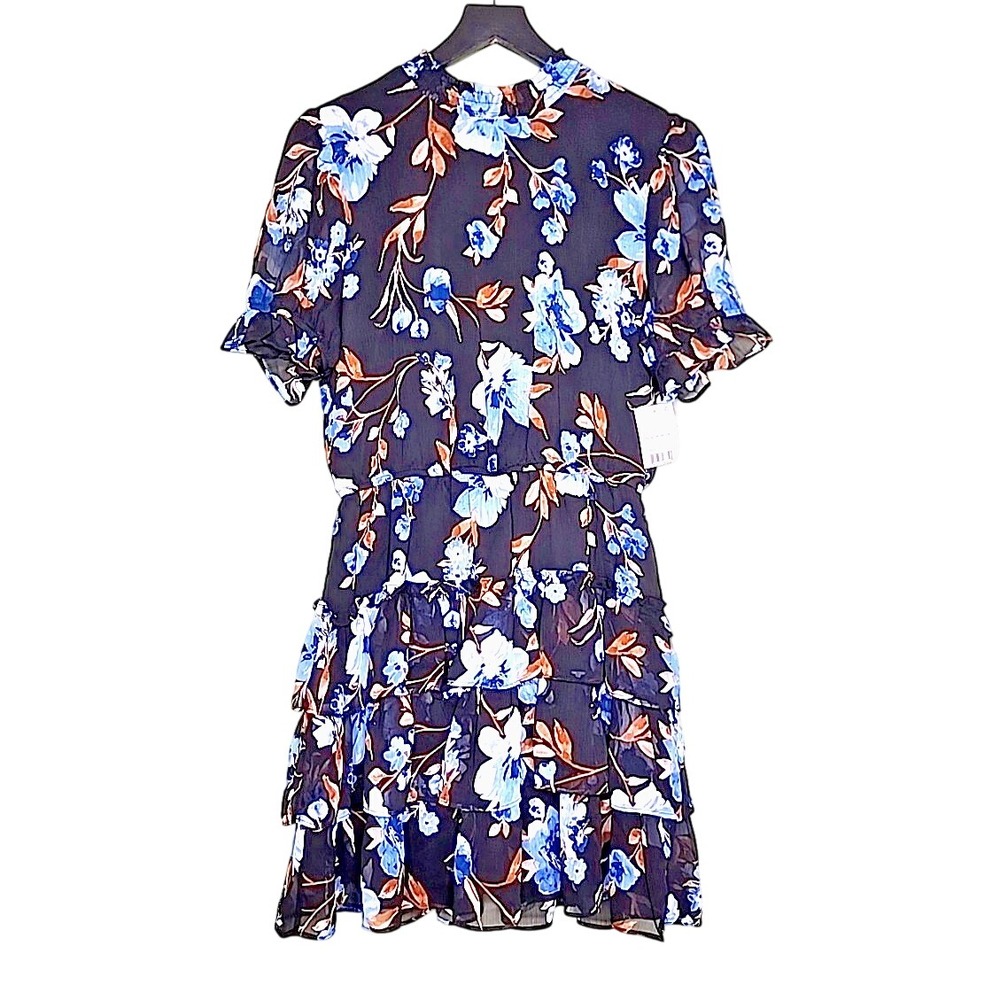 Crystal Doll Womens Floral Tiered Ruffle Mini Dress Black Blue Mock Neck‎ L